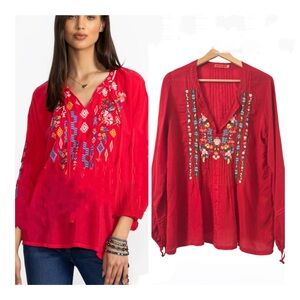 Johnny Was Margot Embroidered Blouse in Red Size M